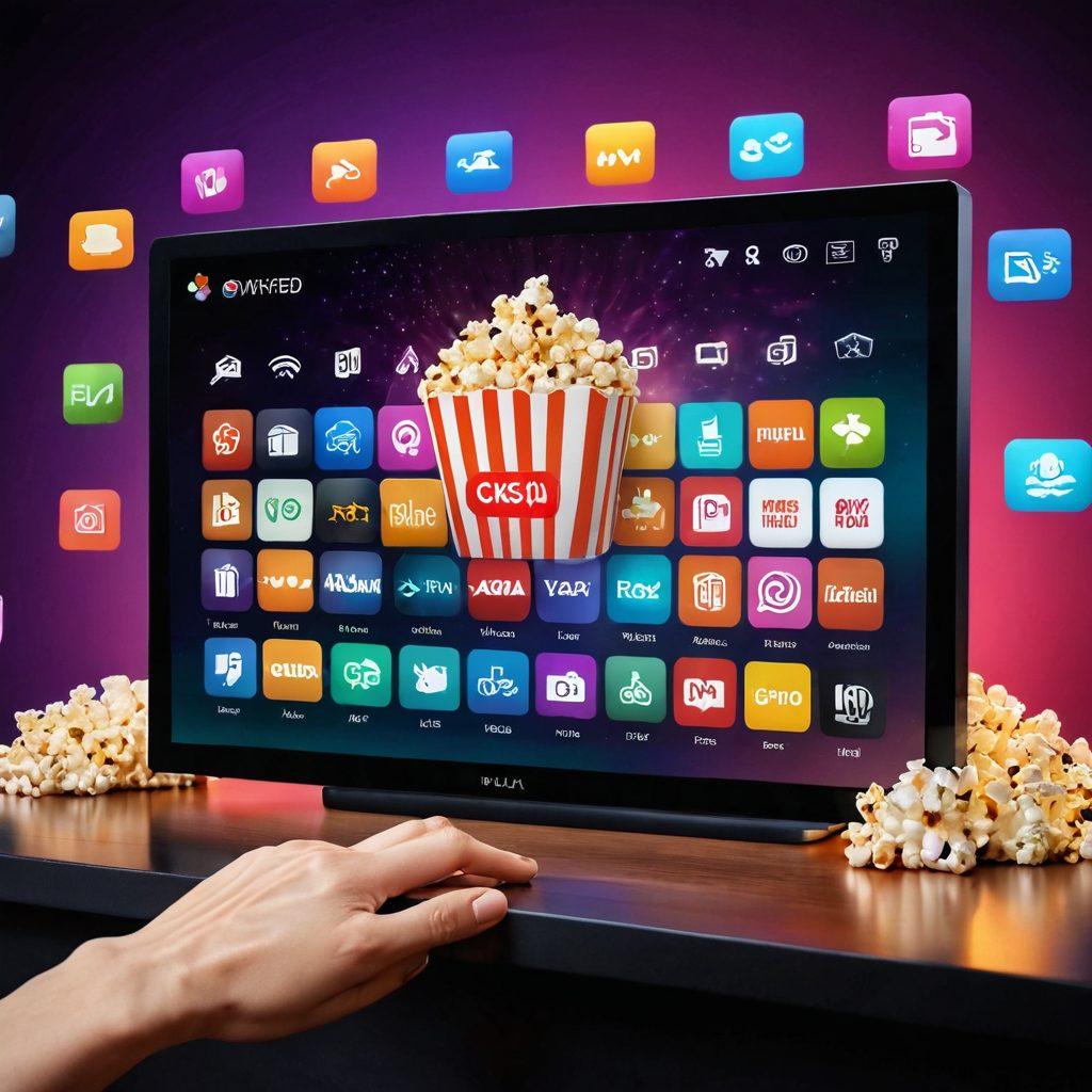 A sleek, modern media player interface glowing on a high-definition screen, surrounded by various entertainment elements like popcorn, headphones, and vibrant colorful icons representing streaming services. A hand poised to click the play button reflects excitement. Soft ambient lighting creates a cozy atmosphere. super-realistic. vibrant colors. 3D.