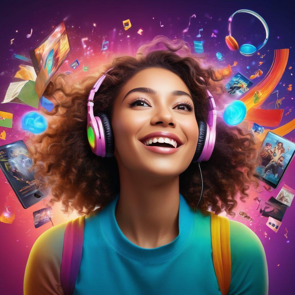 A vibrant and dynamic representation of a colorful multimedia experience, showcasing diverse people joyfully interacting with various digital screens displaying movies, music, and games. Elements like flowing musical notes, enchanting movie reels, and video game icons surround them, symbolizing a journey of happiness through XPlayer. Bright, cheerful colors radiate positivity and excitement. super-realistic. vibrant colors. 3D.